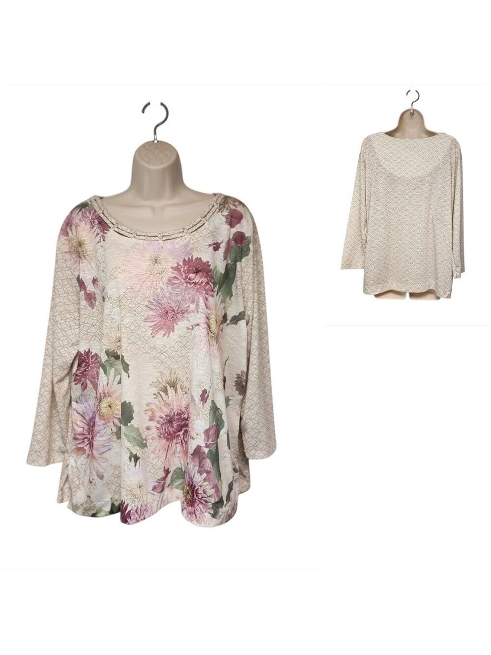 ALFRED DUNNER Women's Pullover 3/4-Sleeve  Cutout Neckline Multi Beige/Pink 3X